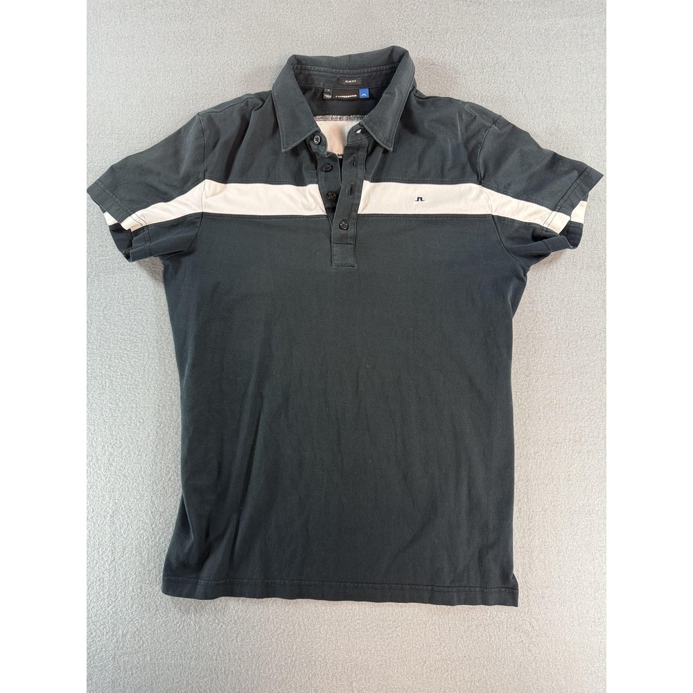 J.Lindeberg Polo Shirt Mens M Gray White Stripe Colorblock Slim Fit Golf